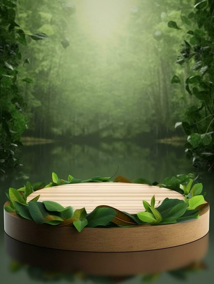 Wooden podium cylinder stage empty scene luxury product display background Ai generated photo