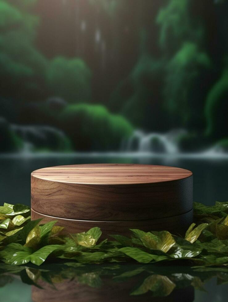 Wooden podium cylinder stage empty scene luxury product display background Ai generated photo