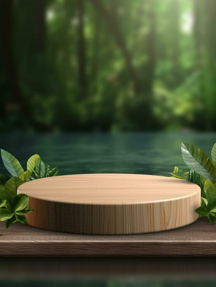 Wooden podium cylinder stage empty scene luxury product display background Ai generated photo