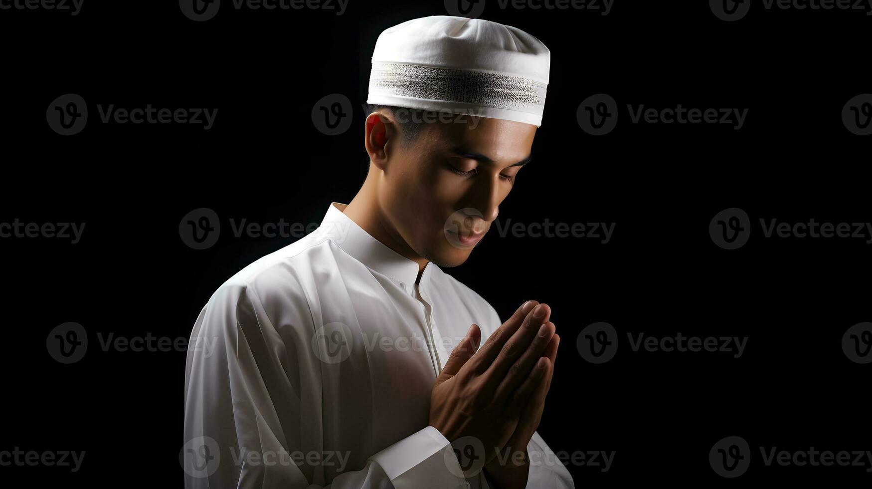 retrato de joven musulmán hombre Orando aislado en negro antecedentes foto