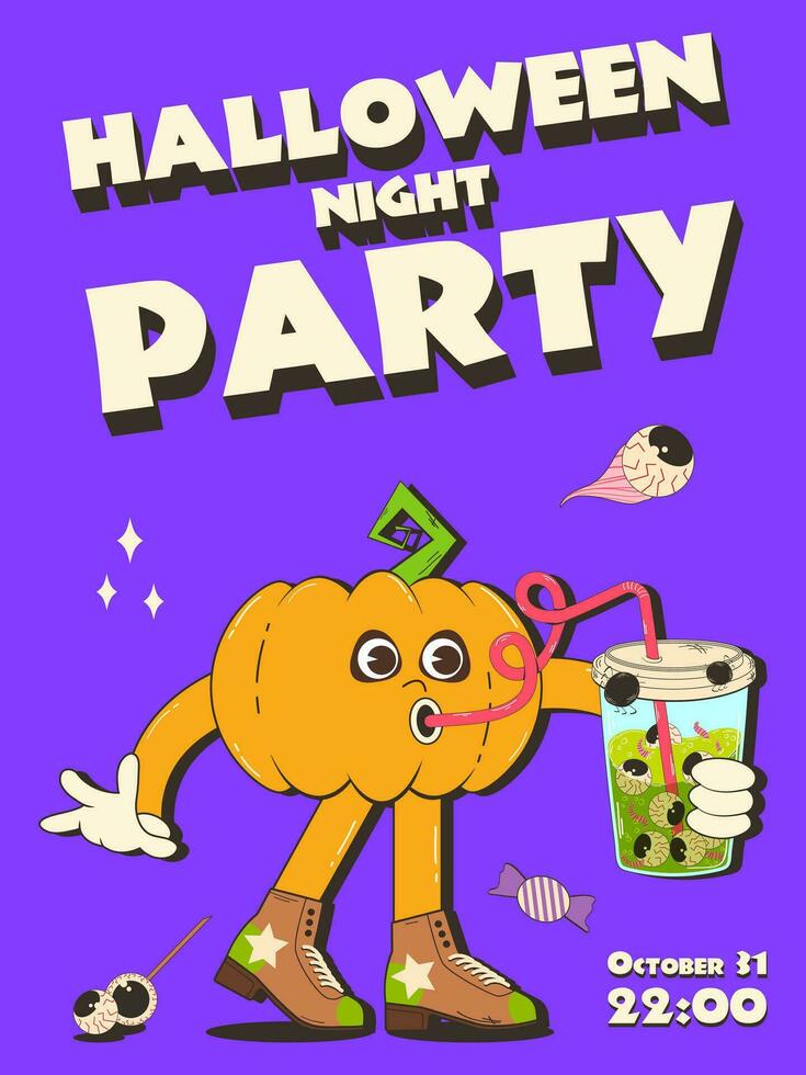 Poster, Halloween invitation. Fashionable retro groovy style, cheerful pumpkin character drinking soda 70s-80s. Happy Halloween. Funny vector flyer, postcards.