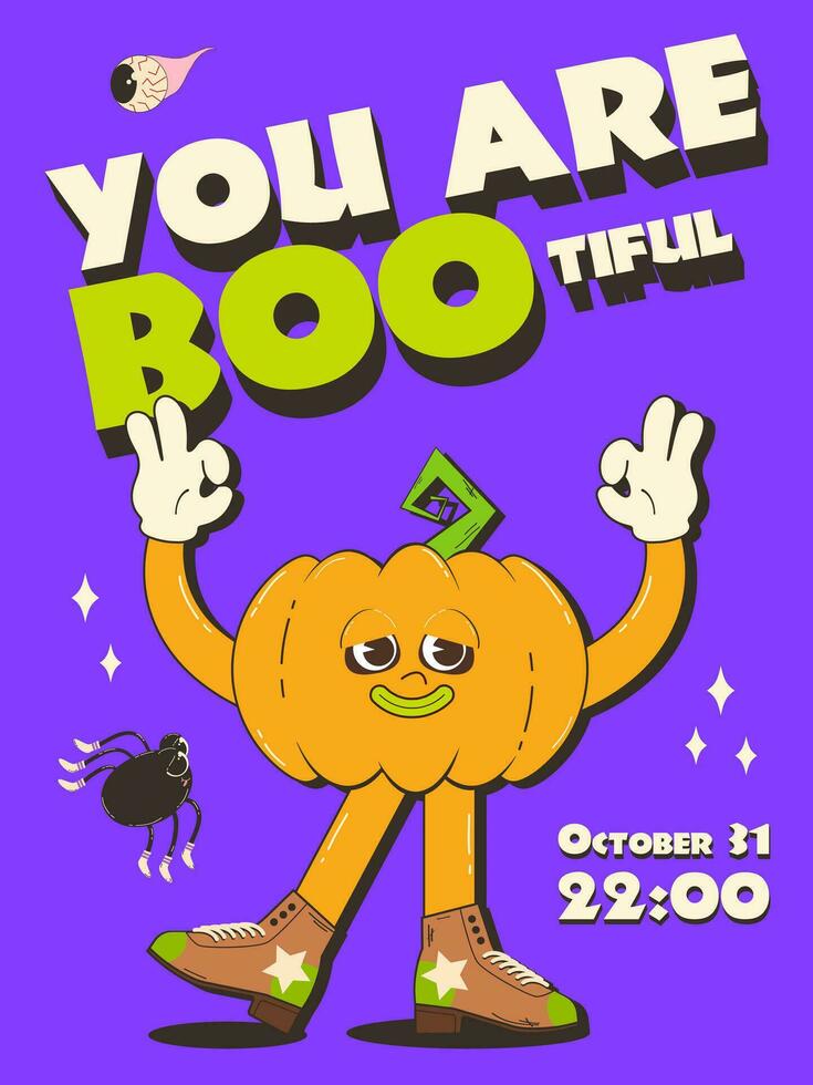 Poster, Halloween invitation. Fashionable retro groovy style, cheerful 70s-80s pumpkin character. Happy Halloween. Funny vector flyer, postcards.