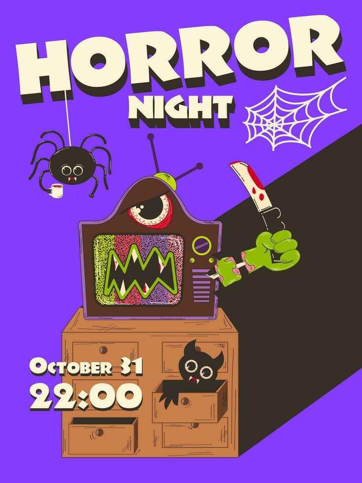Poster, Halloween invitation. Fashionable retro groovy style, old monster TV from the 70s-80s. Happy Halloween. Funny vector flyer, postcards.