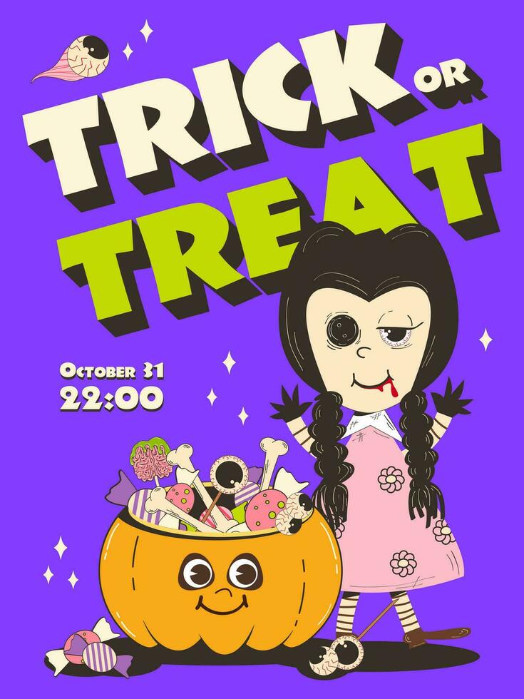 Poster, Halloween invitation. Fashionable retro groovy style, scary doll with sweets from 70-80s. Happy Halloween. Funny vector flyer, postcards.