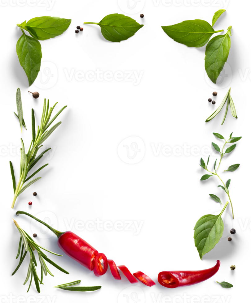 culinary frame, border PNG Food design element. red hot chile pepper, Spices and herbs with real transparent shadow on transparent background. Variety of spices and mediterranean herbs.
