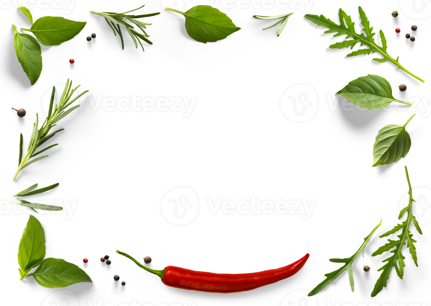 frame border PNG Food design element. Spices and herbs with real transparent shadow on transparent background. Variety of spices and mediterranean herbs.