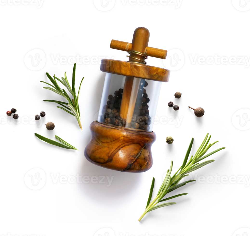 traditional italian pepper shaker and green organic rosemary leaves isolated on white background. Transparent background and real natural transparent shadow, Ingredient, spice for cooking. png
