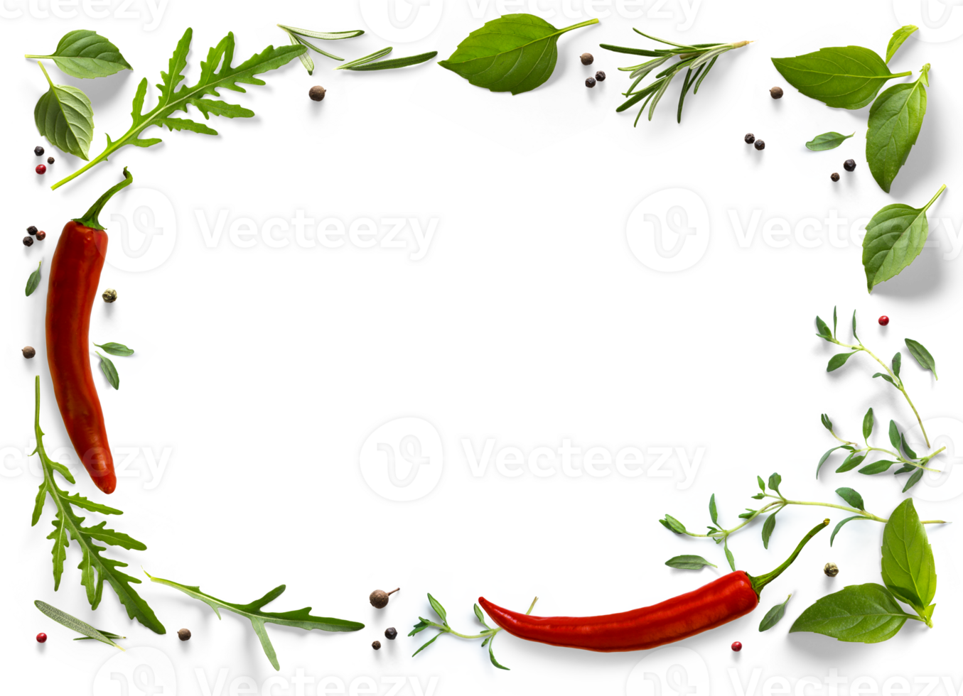 frame , border PNG Food design element. Spices and herbs with real transparent shadow on transparent background. Variety of spices and mediterranean herbs.