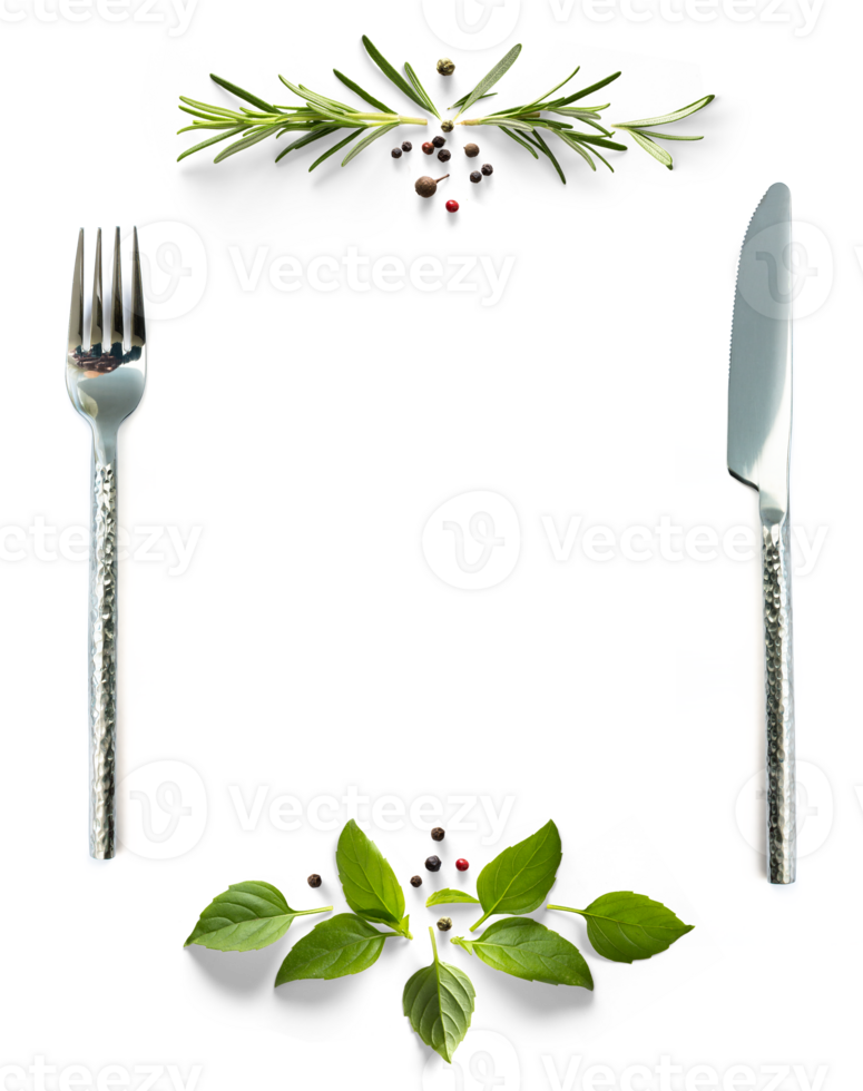 Food poster with cutlery and fresh mediterranean herb and spices with real transparent shadow isolated on transparent background. PNG cooking background design element