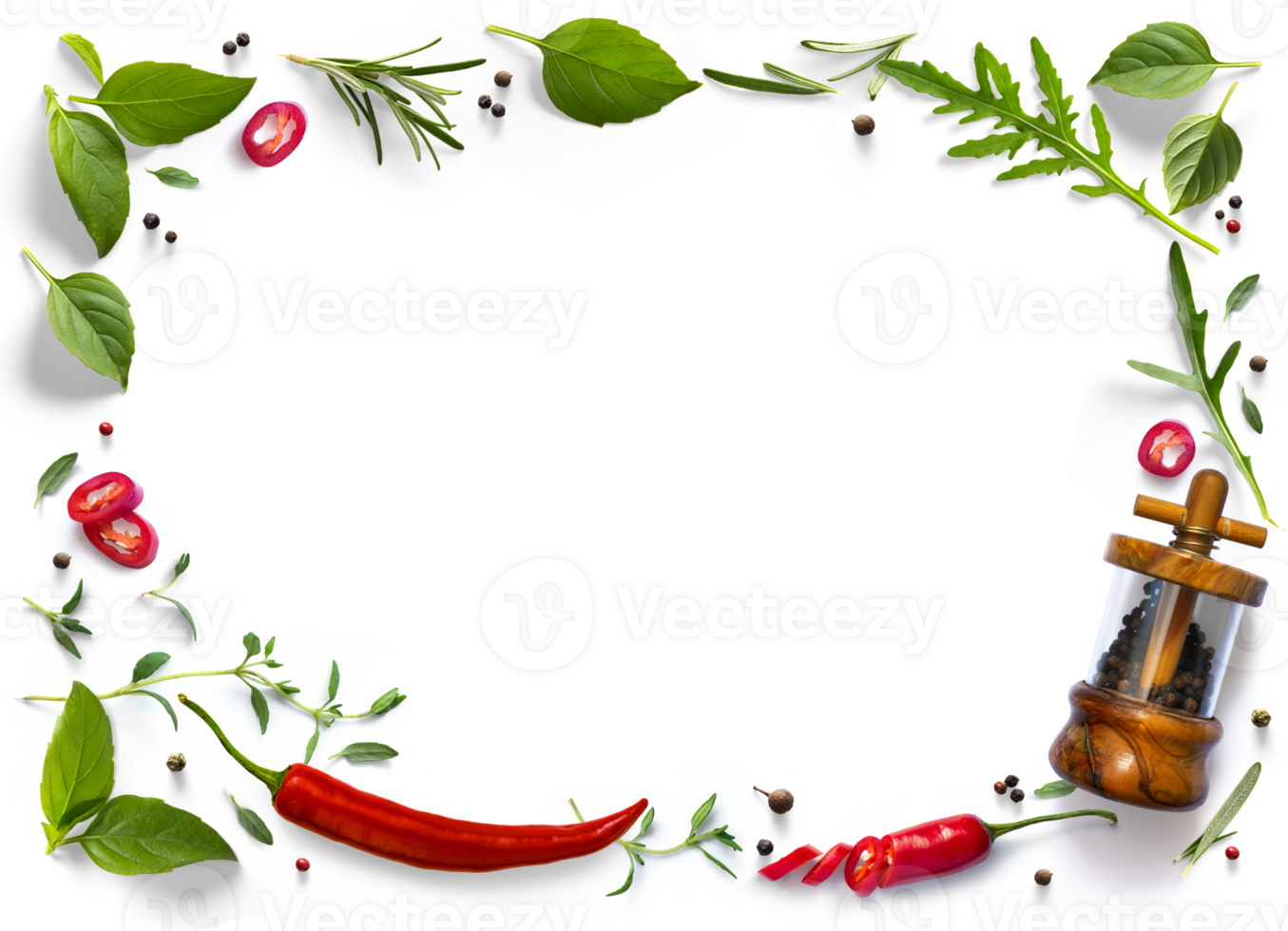 frame, border PNG Food design element. Spices and herbs with real transparent shadow on transparent background. Variety of spices and mediterranean herbs.