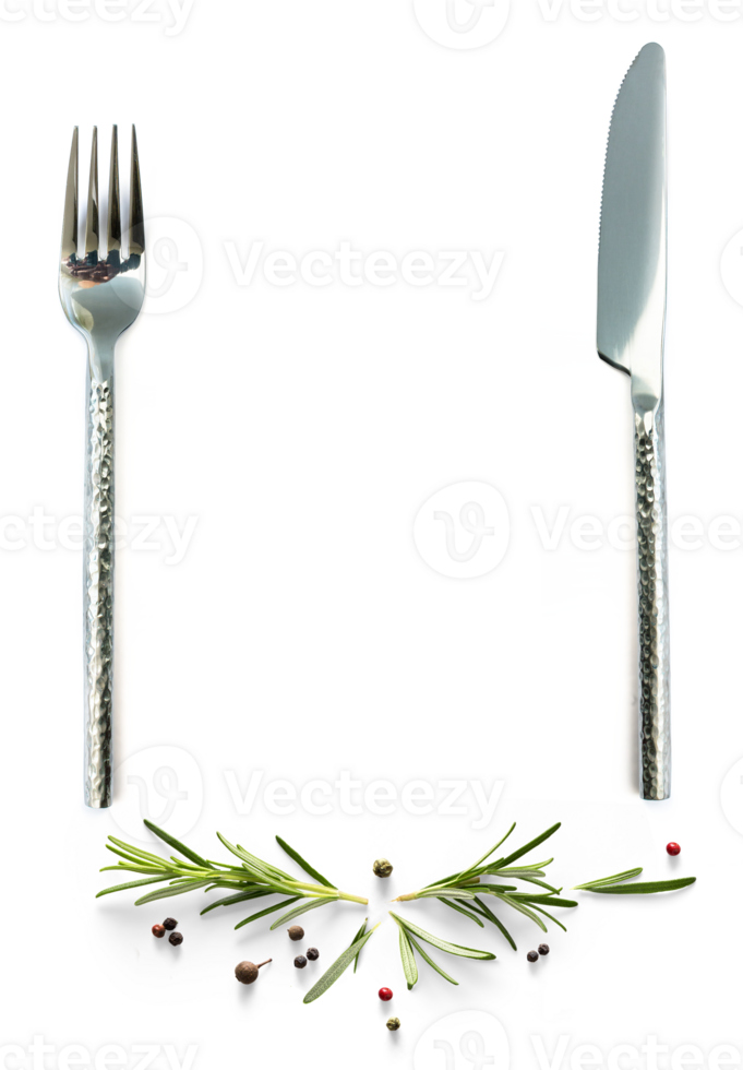 Food poster with cutlery and fresh mediterranean herb and spices with real transparent shadow isolated on transparent background. PNG cooking background design element