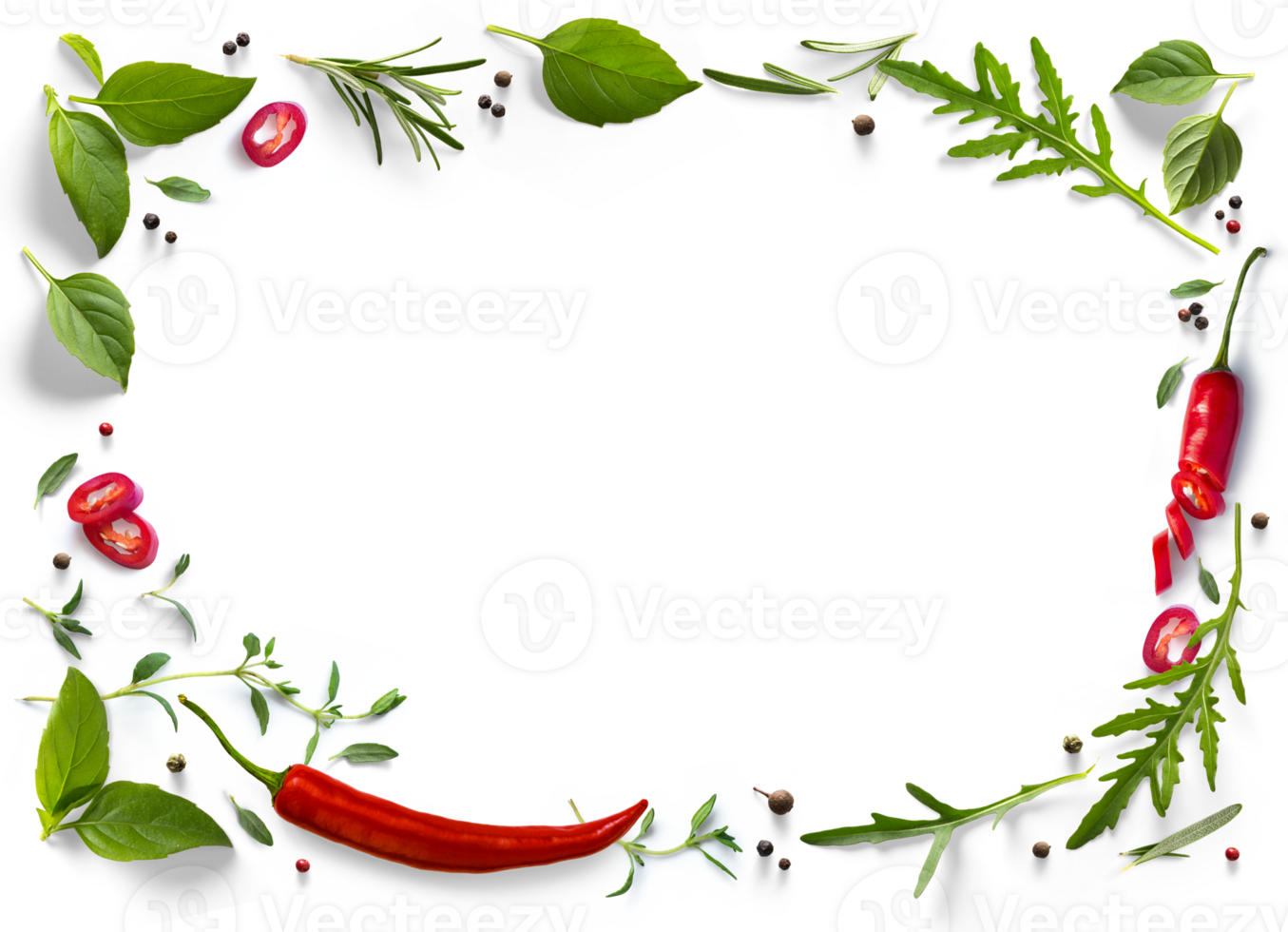 culinary frame, border PNG Food design element. Spices and herbs with real transparent shadow on transparent background. Variety of spices and mediterranean herbs.