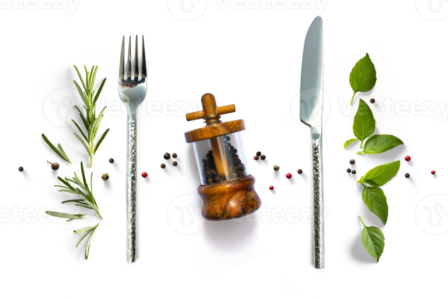 silverware and fresh mediterranean herb and spices with real transparent shadow isolated on transparent background. PNG Food cooking background design element