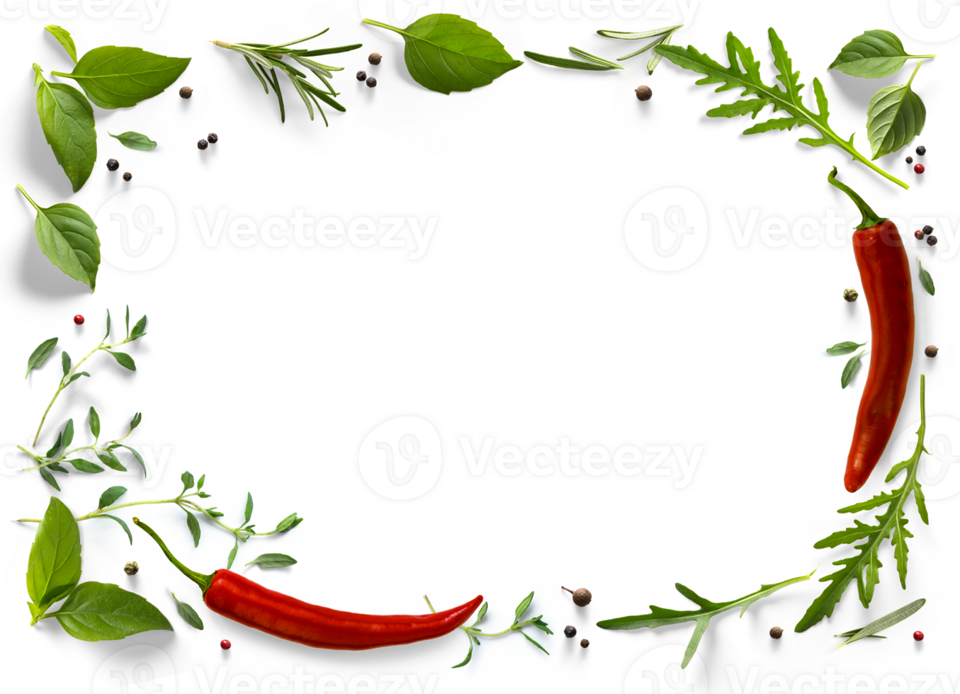 frame border PNG Food design element. Spices and herbs with real transparent shadow on transparent background. Variety of spices and mediterranean herbs.
