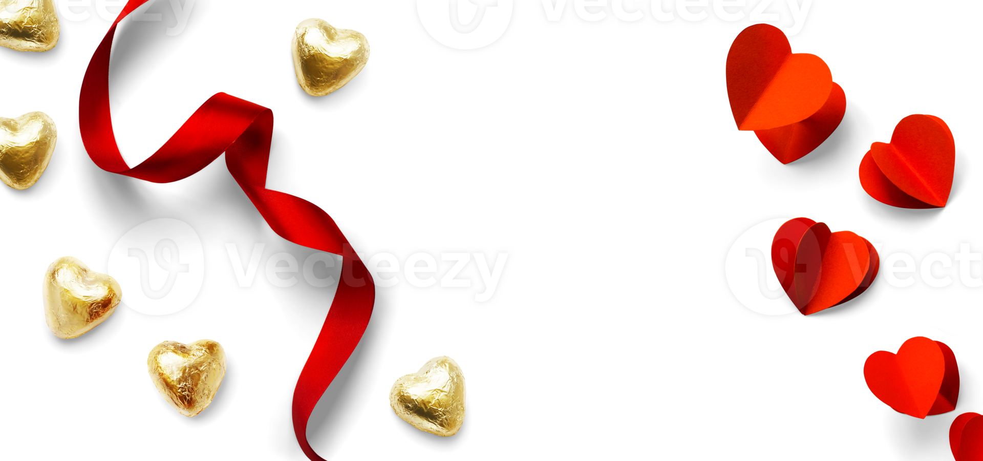 Design elements for Valentine's Day background. Pairs of red hearts, heart shaped golden candies and Red ribbon on a transparent background, flat lay, clipping path, real soft transparent shadow. PNG