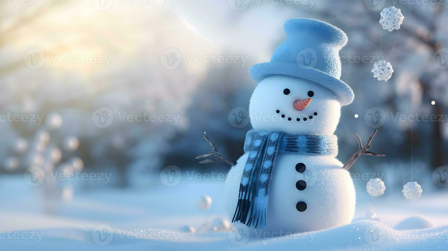 Merry christmas and happy new year concept. Happy snowman standing in christmas landscape, snow fall, Generative AI photo