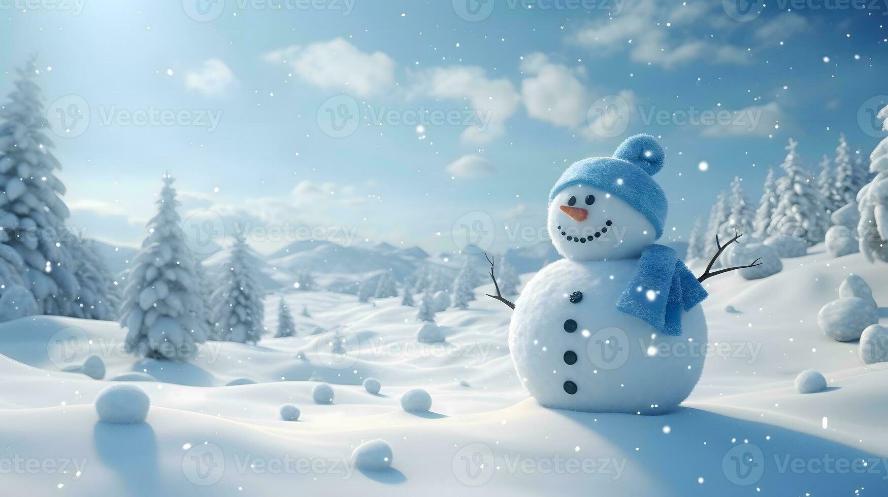 Merry christmas and happy new year concept. Happy snowman standing in christmas landscape, snow fall, Generative AI photo