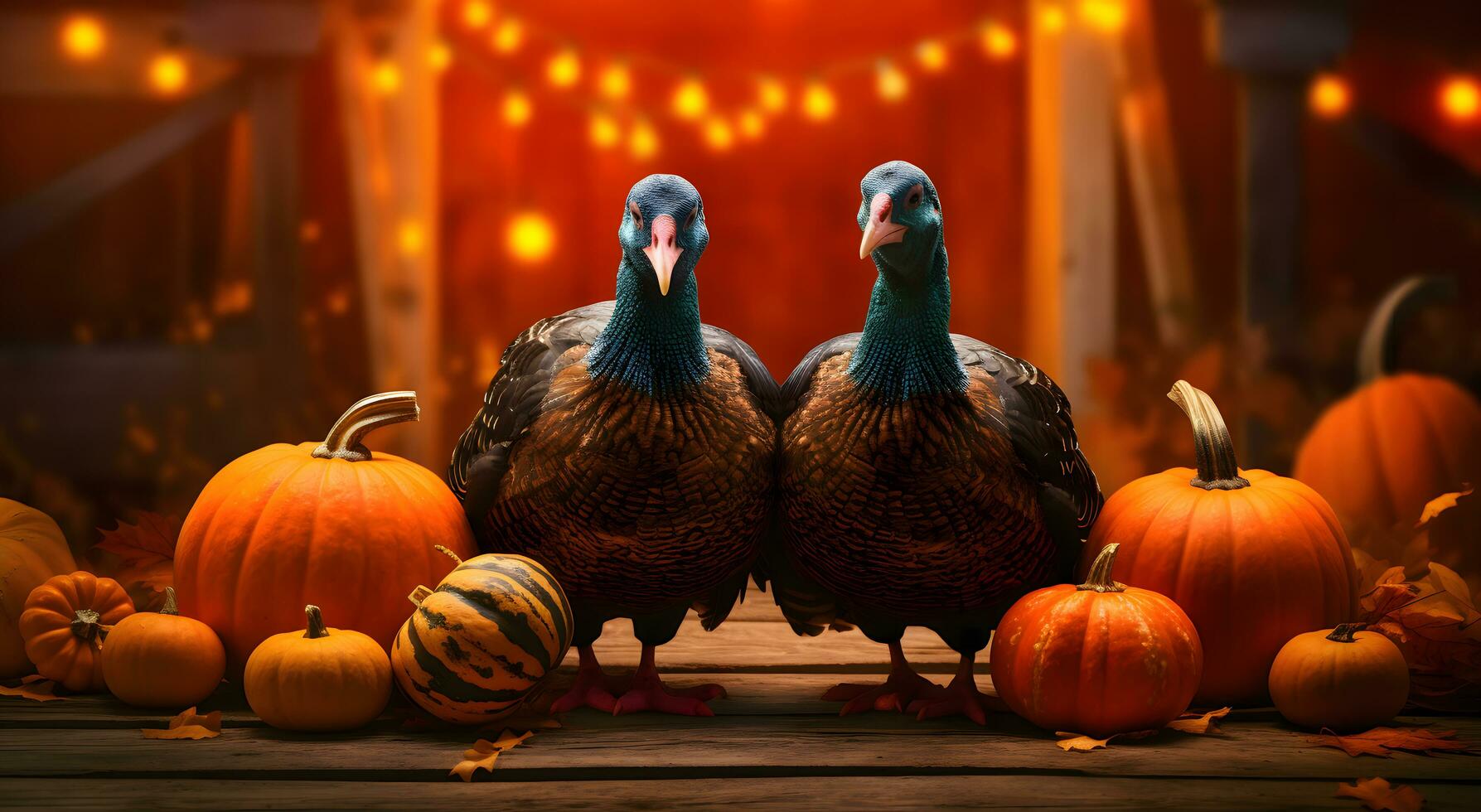 two turkeys looking at pumpkins and leaves, thanksgiving concept, Generative AI photo