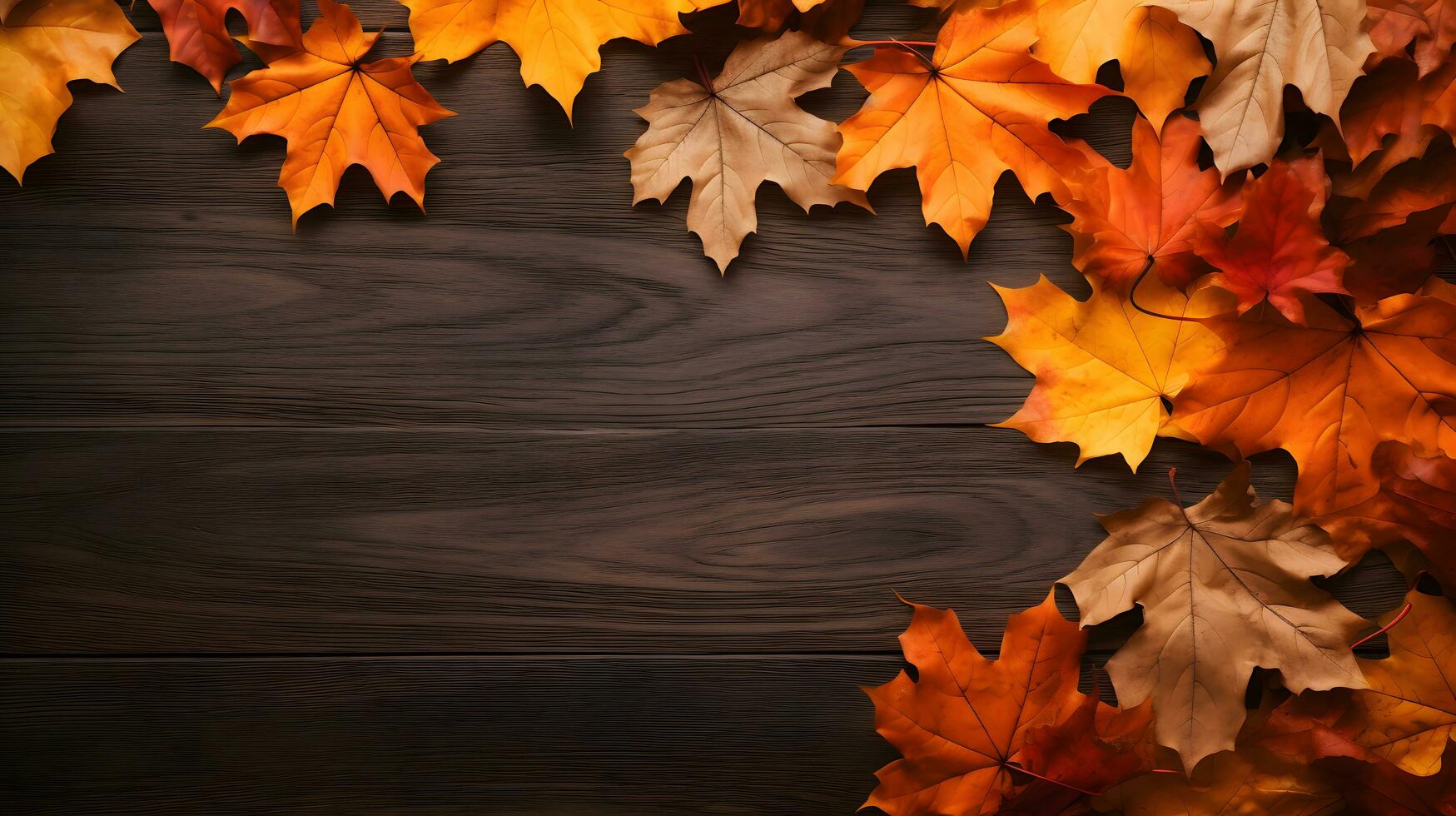 brown wood with autumn maple leaves, Generative AI photo