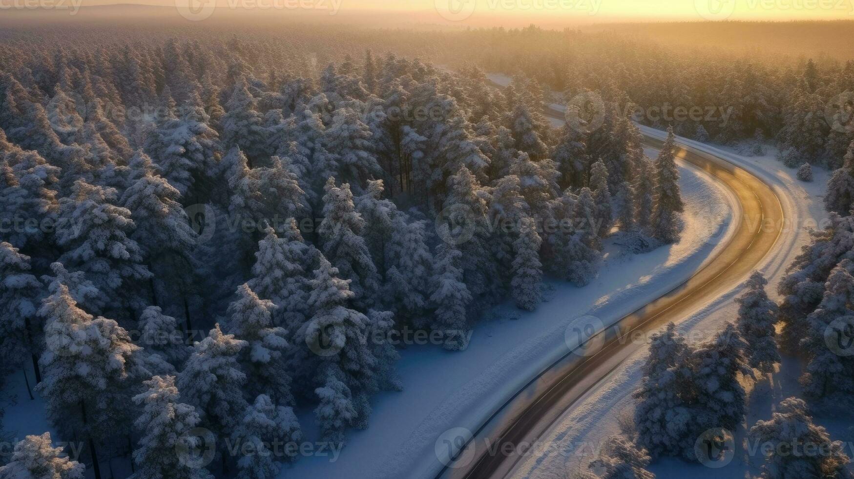 Aerial view of Curvy windy road in snow covered forest. Generative Ai photo