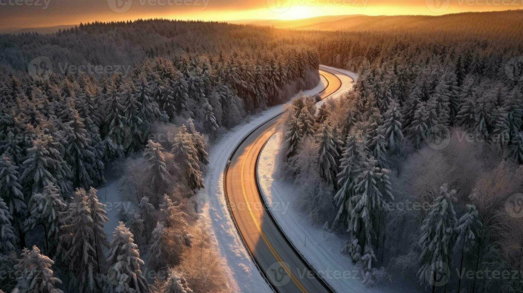 Aerial view of Curvy windy road in snow covered forest. Generative Ai photo