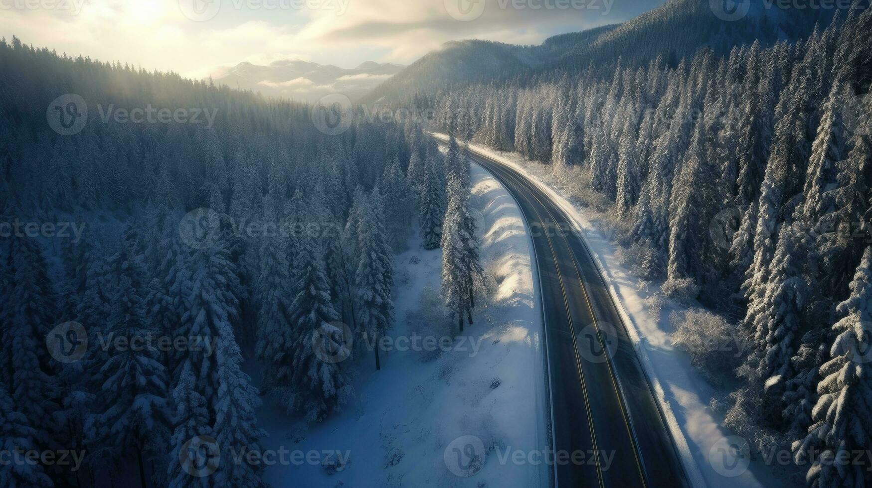 Aerial view of Windy and curvy road in snow covered forest landscape.  Generative Ai photo