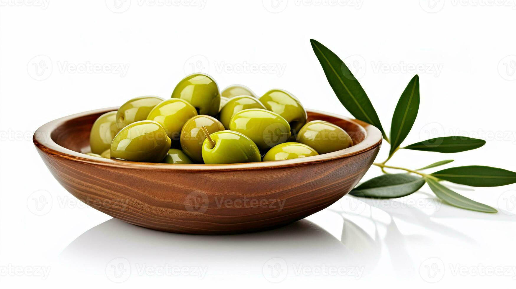Bowl of olive oil and green olives with leaves isolated on white ...