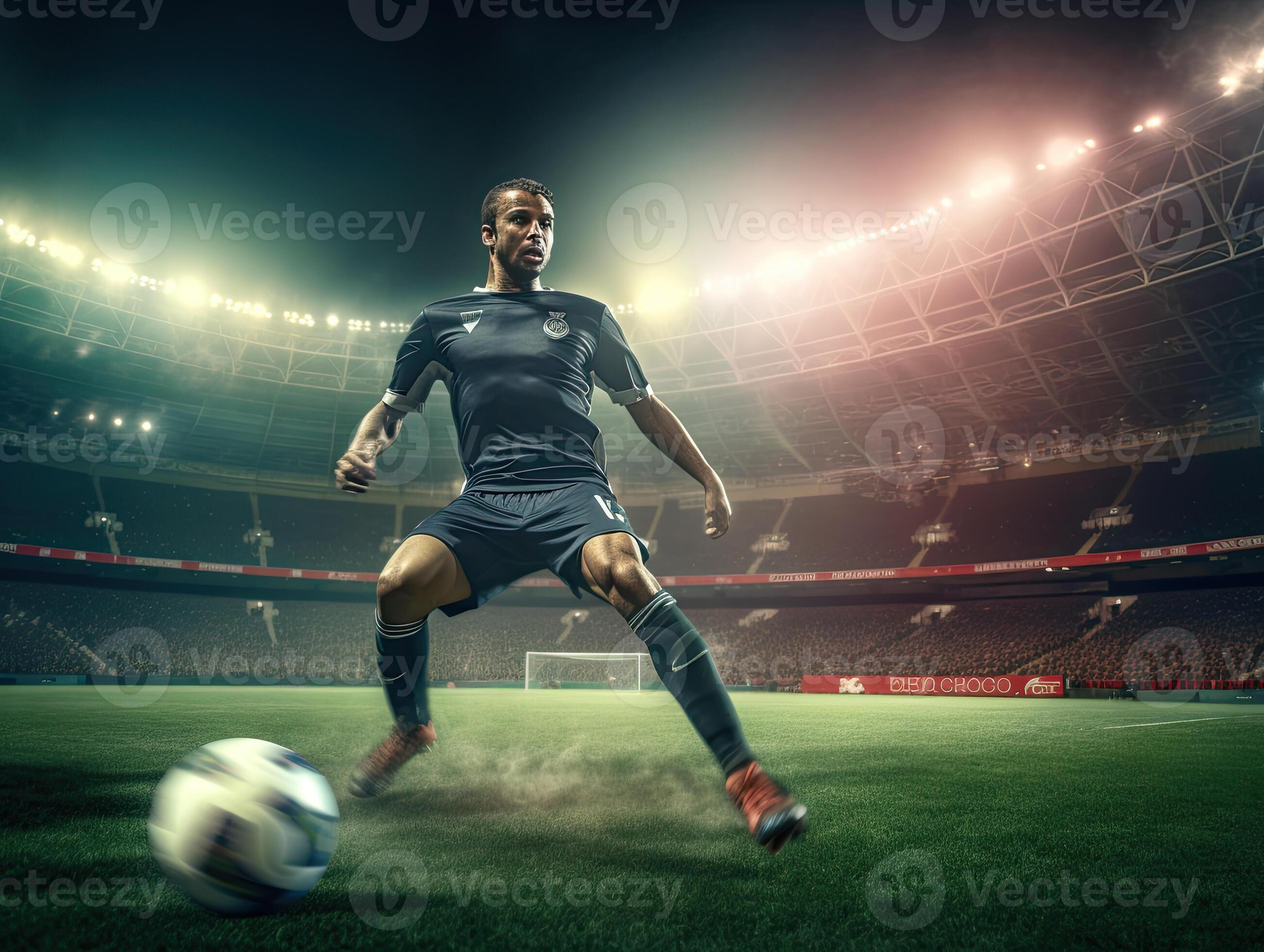 Professional football or soccer player in action on stadium with