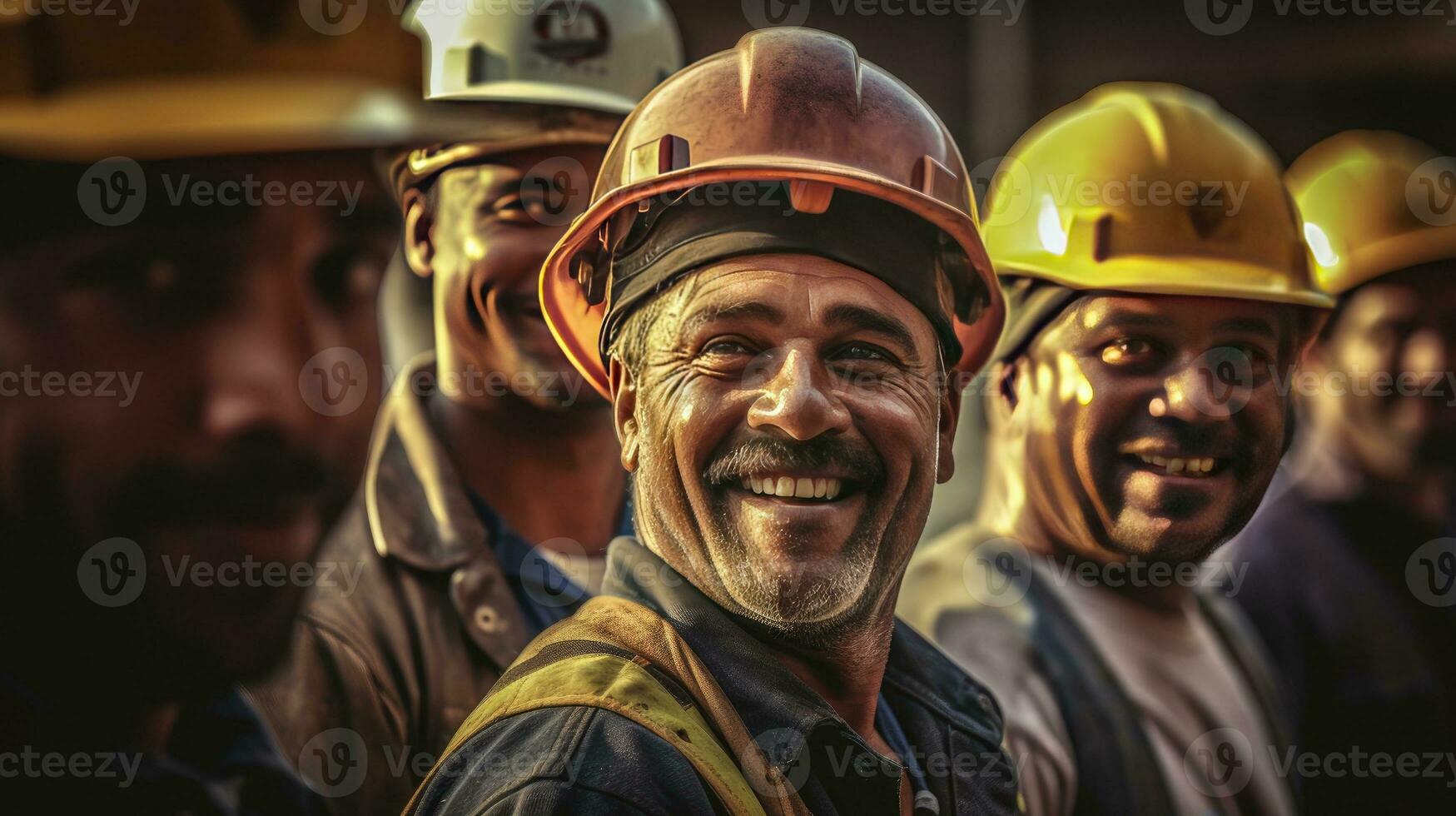Happy of Teamwork construction workers at construction site. Generative Ai photo