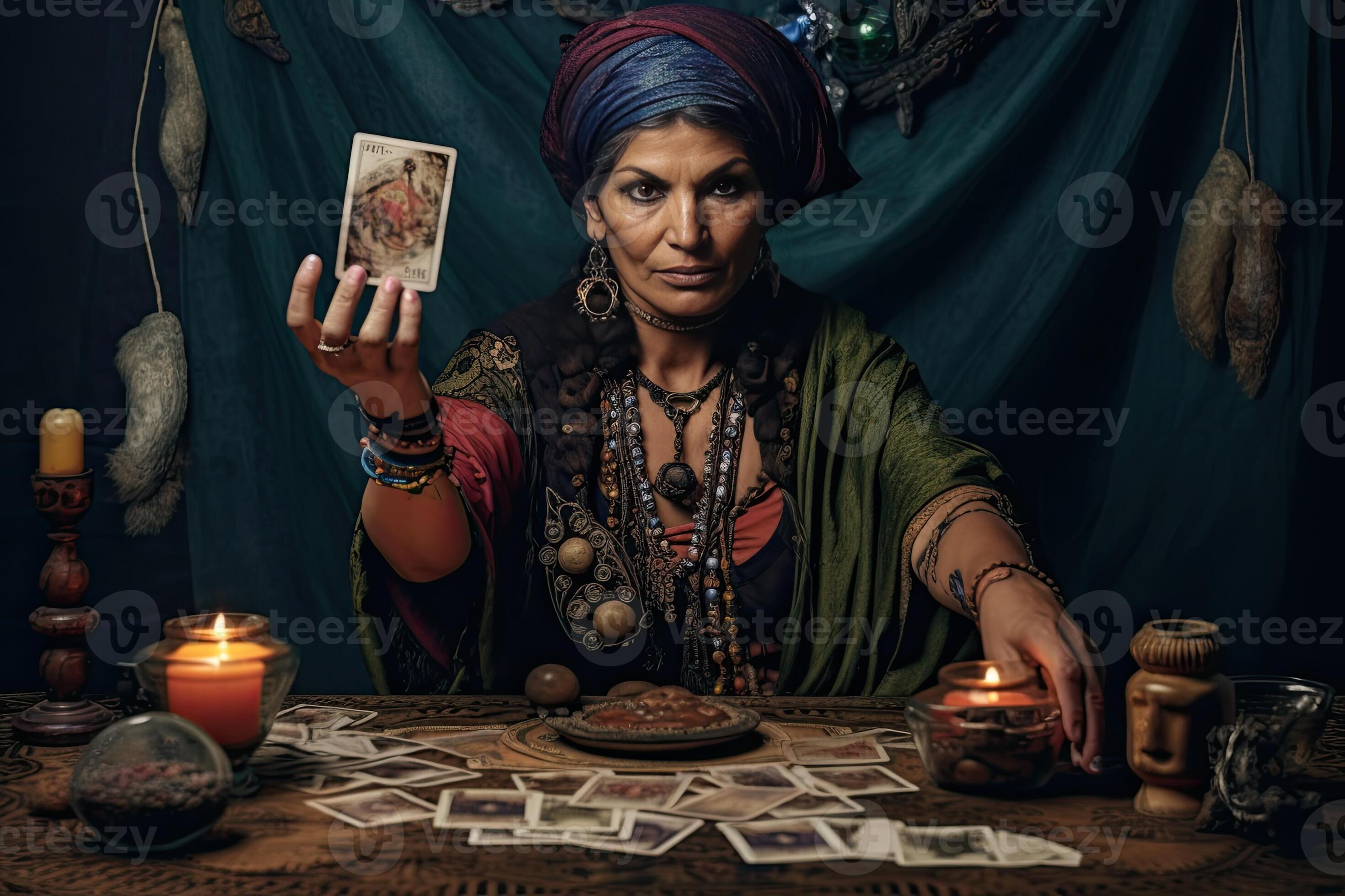 A beautiful tarot reader or Fortune teller reading and forecasting