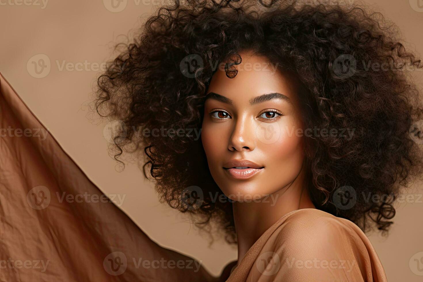 African american woman with clean healthy skin on beige background. Smiling dreamy beautiful afro girl. Generative Ai photo