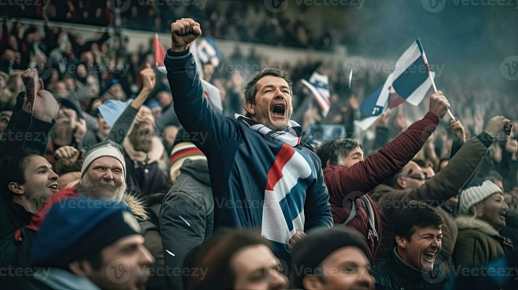 French fan, Celebrating the success. Supporters cheer in bleacher in French rugby match 2023. Generative Ai photo