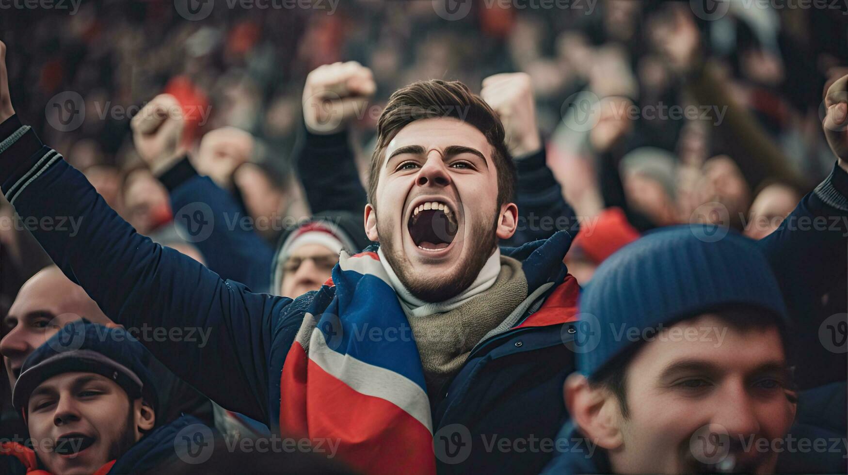 French fan, Celebrating the success. Supporters cheer in bleacher in French rugby match 2023. Generative Ai photo