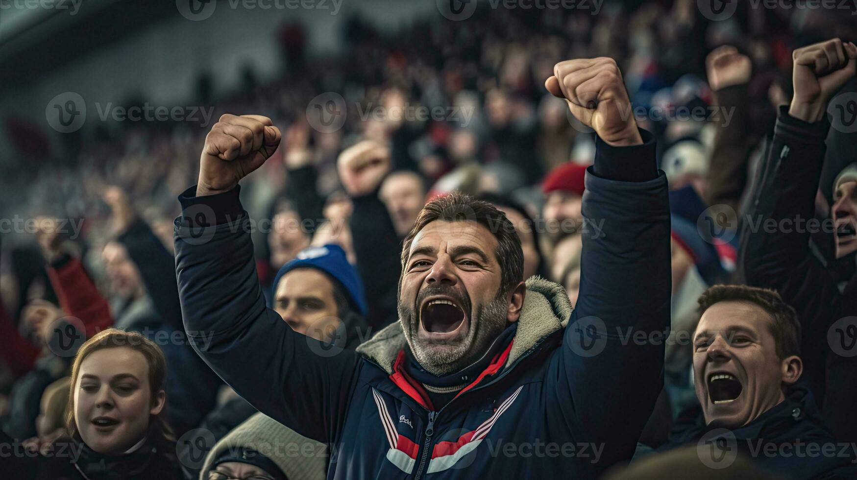 francés admirador, celebrando el éxito. partidarios animar en blanqueador en francés rugby partido 2023. generativo ai foto