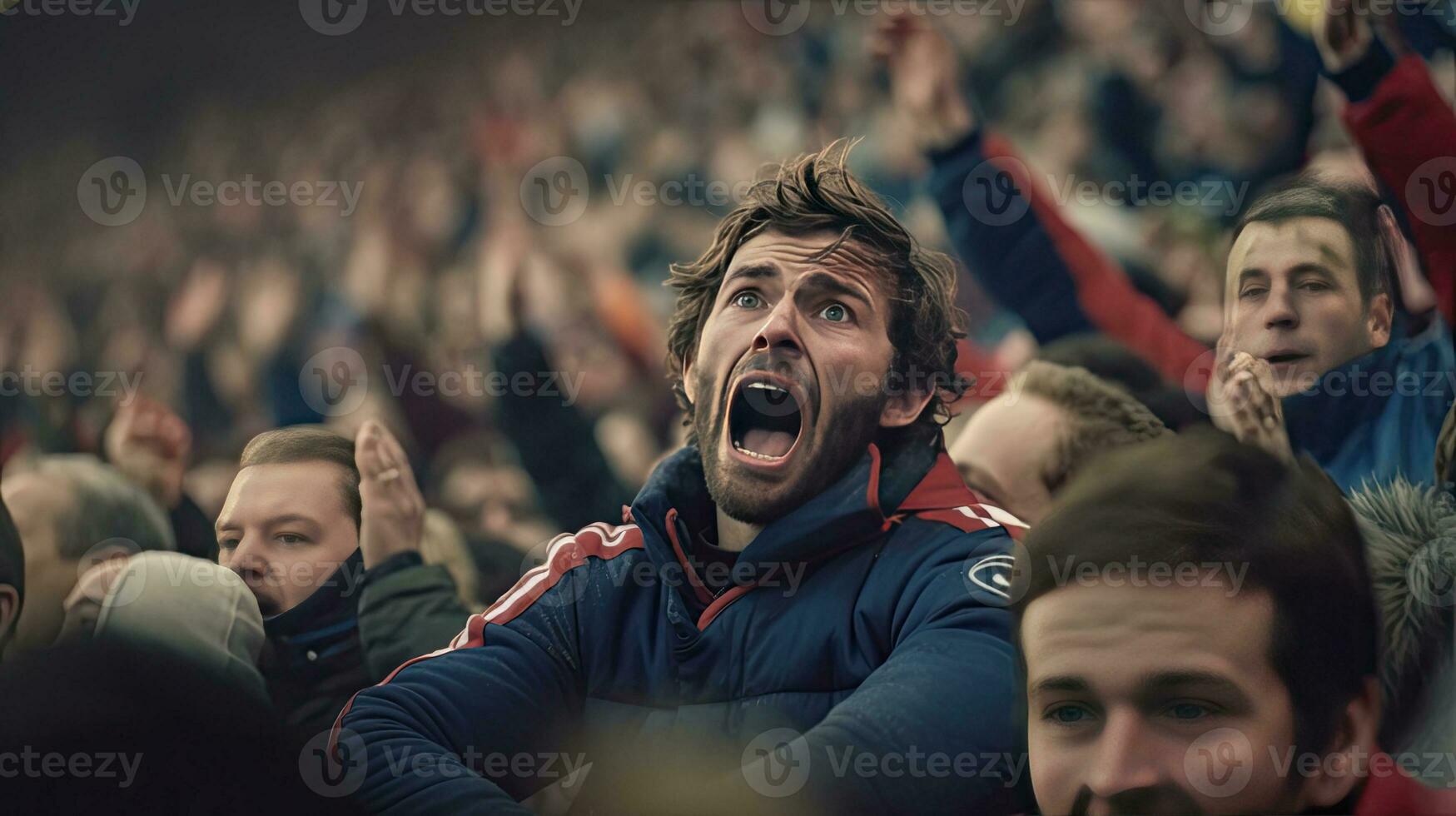 French fan, emotions overwhelm. Supporters cheer in bleacher. Generative Ai photo