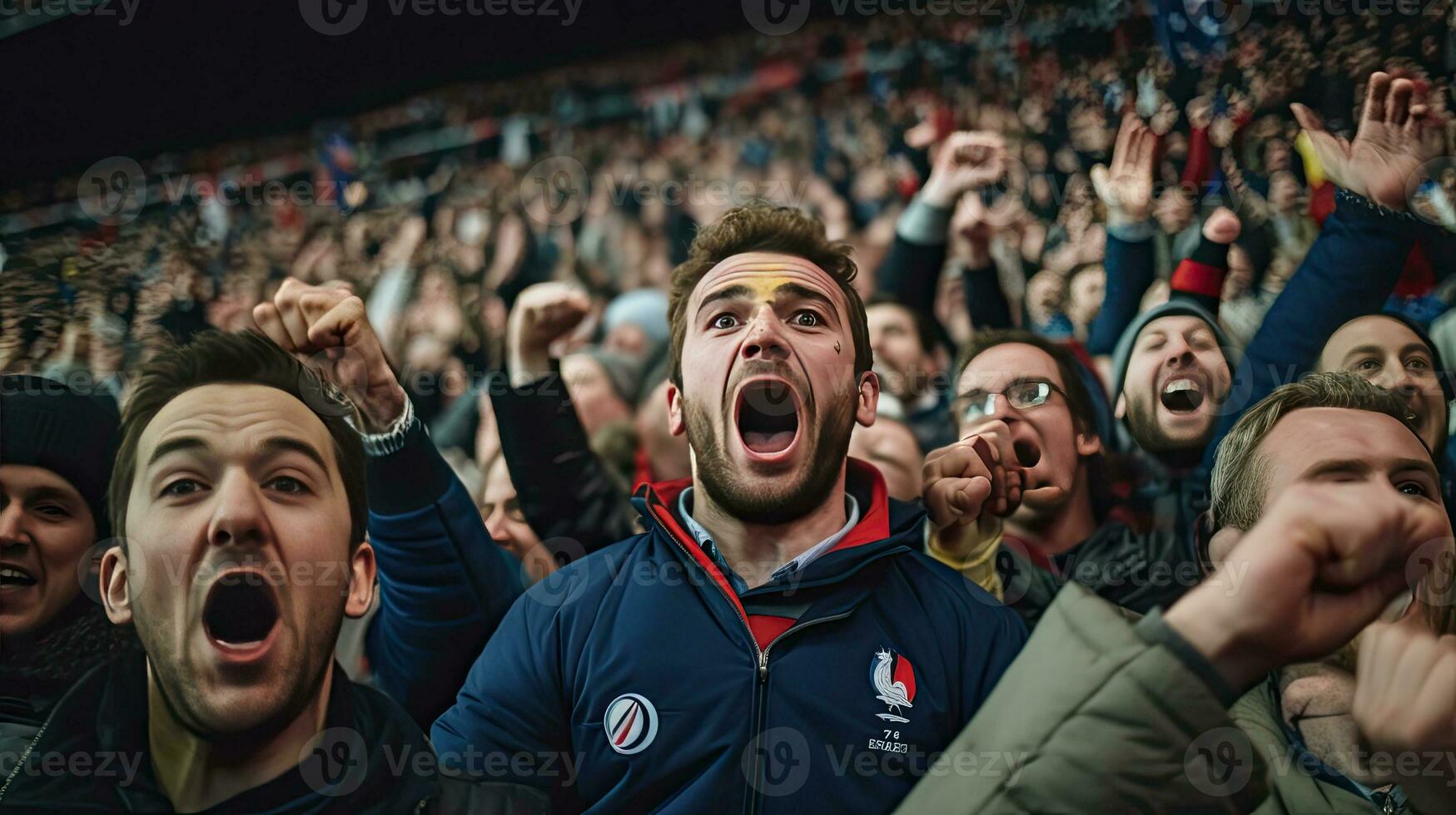 francés admirador, celebrando el éxito. partidarios animar en blanqueador en francés rugby partido 2023. generativo ai foto