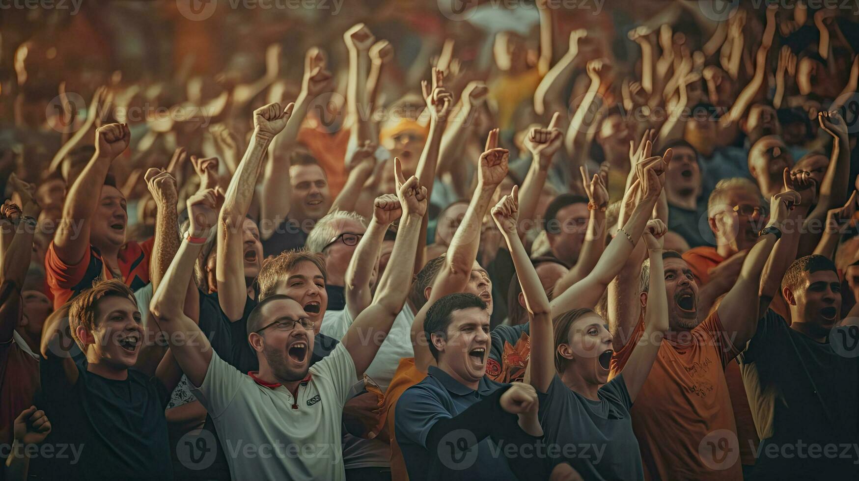 Fan football, Celebrating the success. Supporters cheer in bleacher. Generative Ai photo
