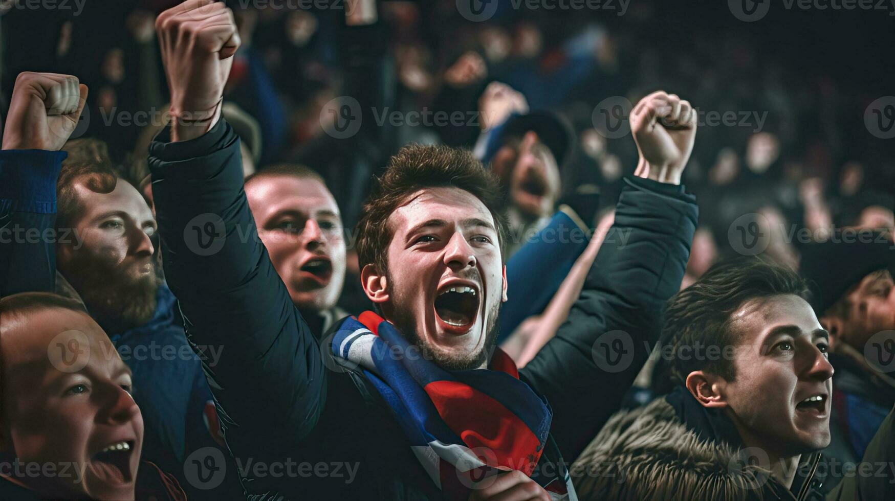 French fan, Celebrating the success. Supporters cheer in bleacher in French rugby match 2023. Generative Ai photo