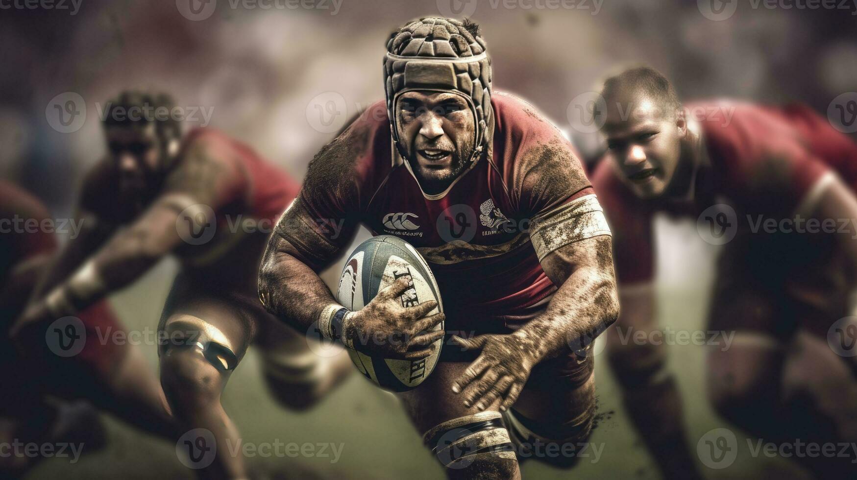 Rugby player in possession of the ball and attempting to advance. Generative Ai photo