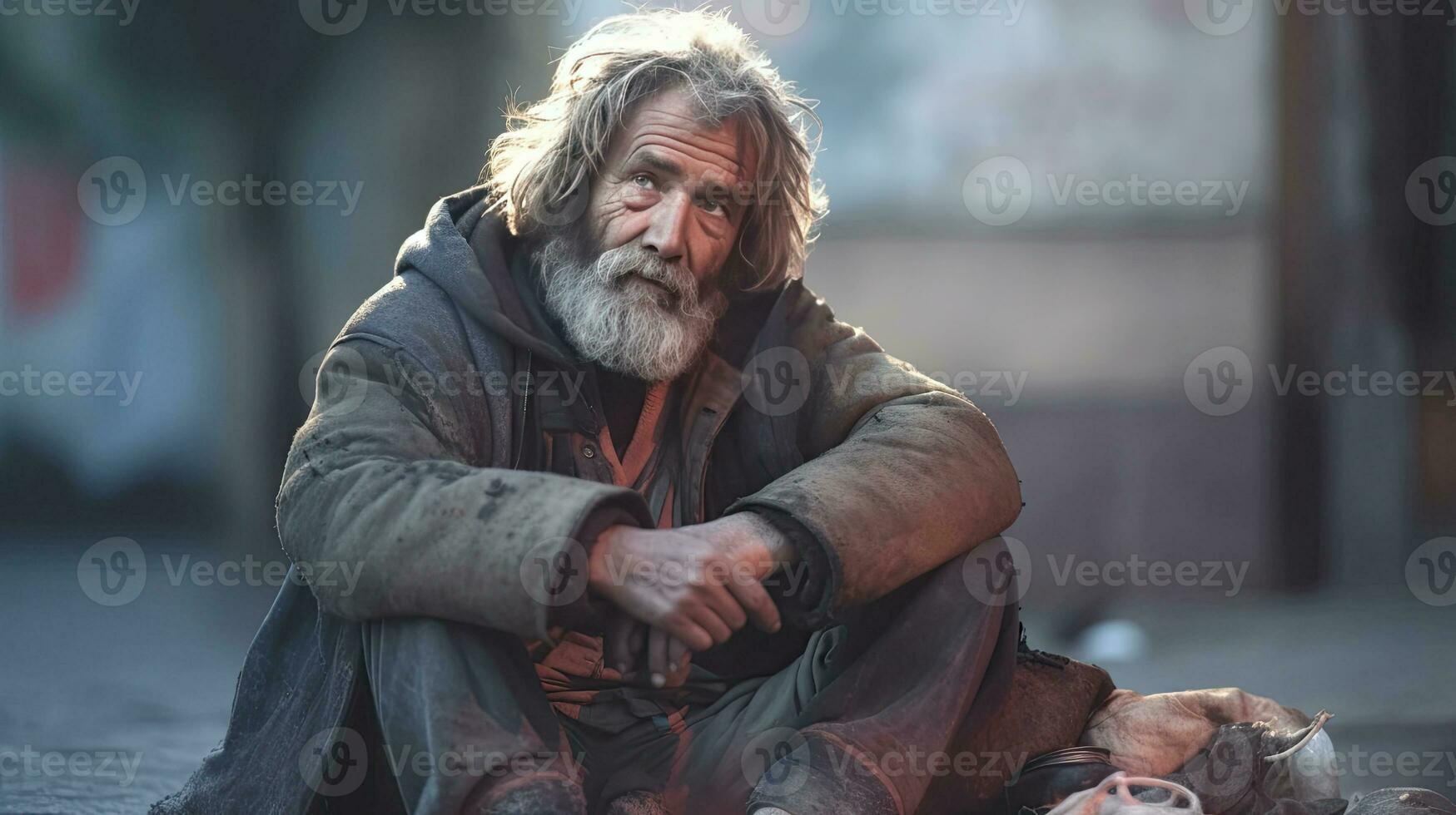 un Vagabundo mendigo hombre sentado al aire libre en ciudad preguntando para dinero donación. generativo ai foto