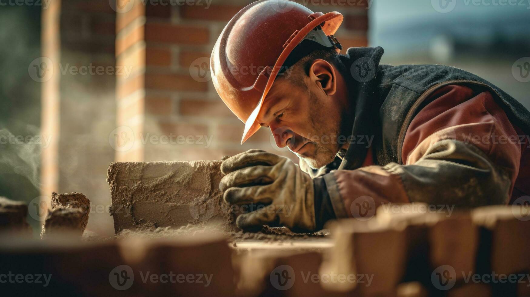 Professional Bricklayer builder installing bricks at construction site. Generative Ai photo