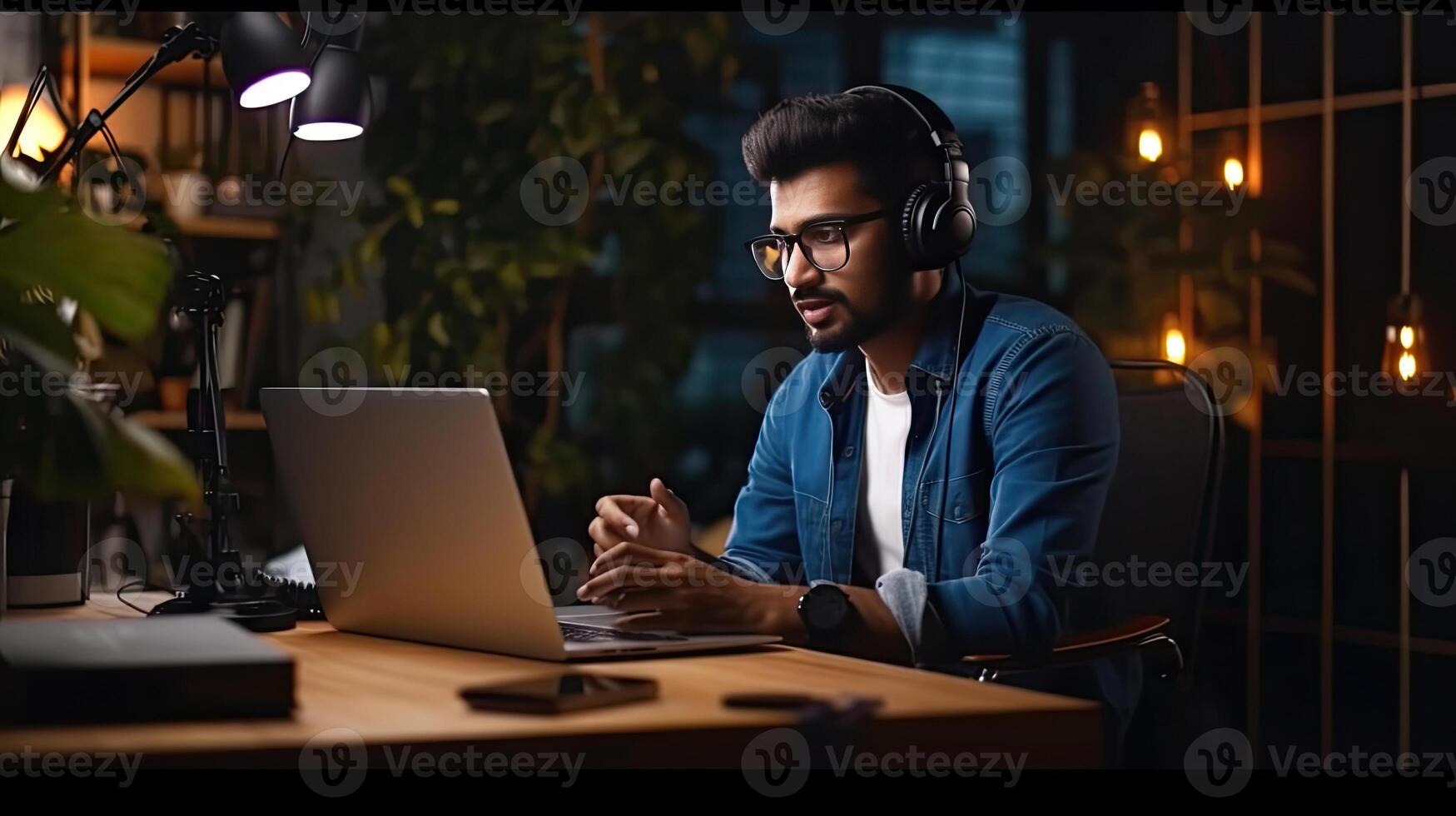 un joven indio estudiante utilizando computadora remoto estudiando, acecho en línea seminario web, enfocar virtual formación en vídeo llamada reunión. generativo ai foto