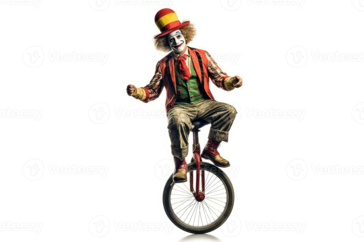 Clown on a unicycle juggling isolated on white background. Generative Ai photo