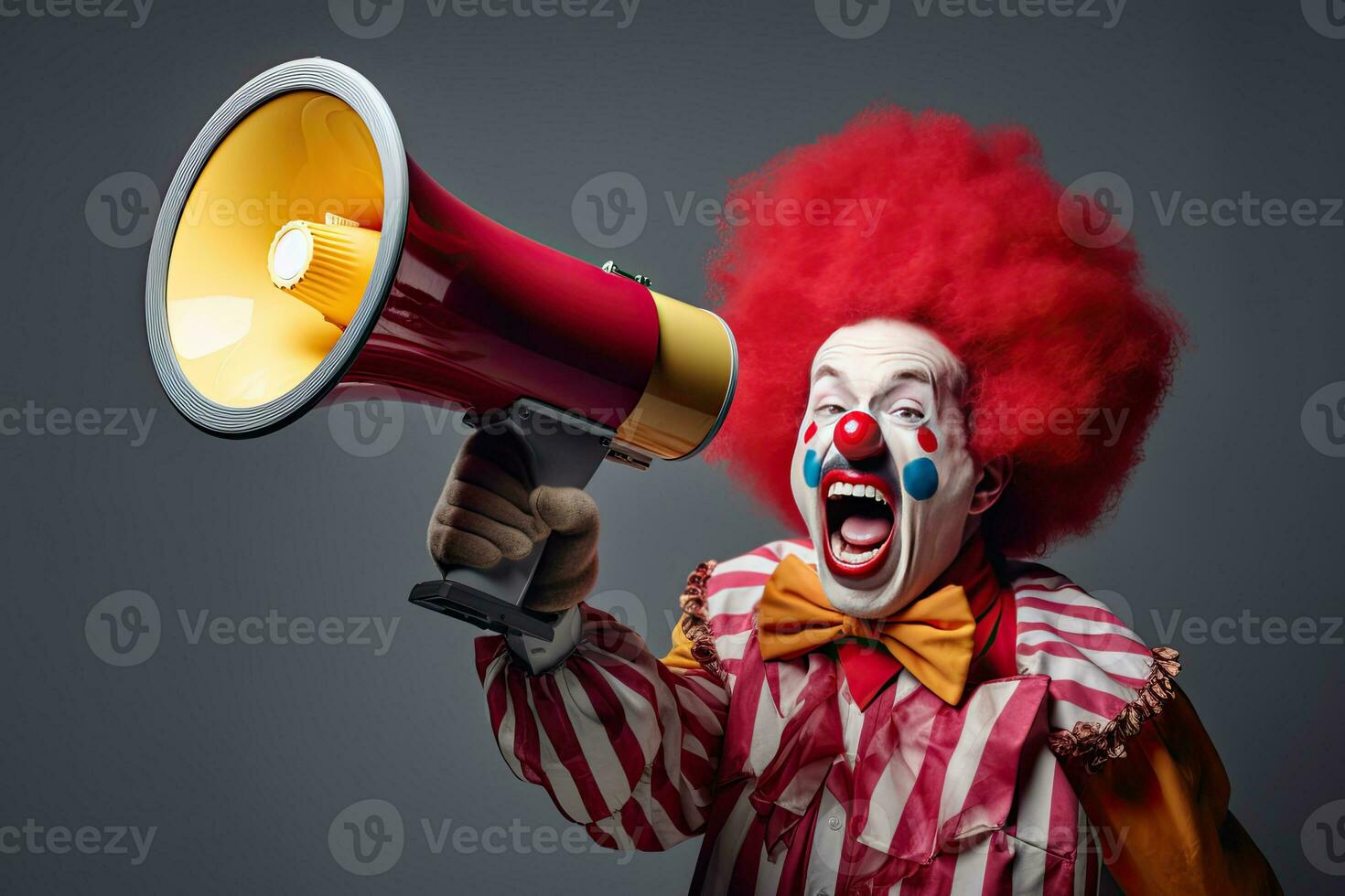 Happy clown screaming into loudspeaker making wide steps isolated on white background. Generative Ai photo