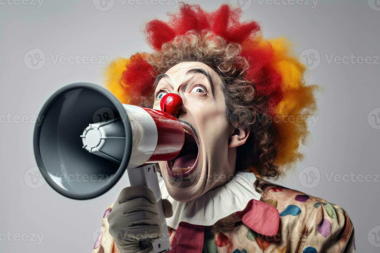 Happy clown screaming into loudspeaker making wide steps isolated on white background. Generative Ai photo