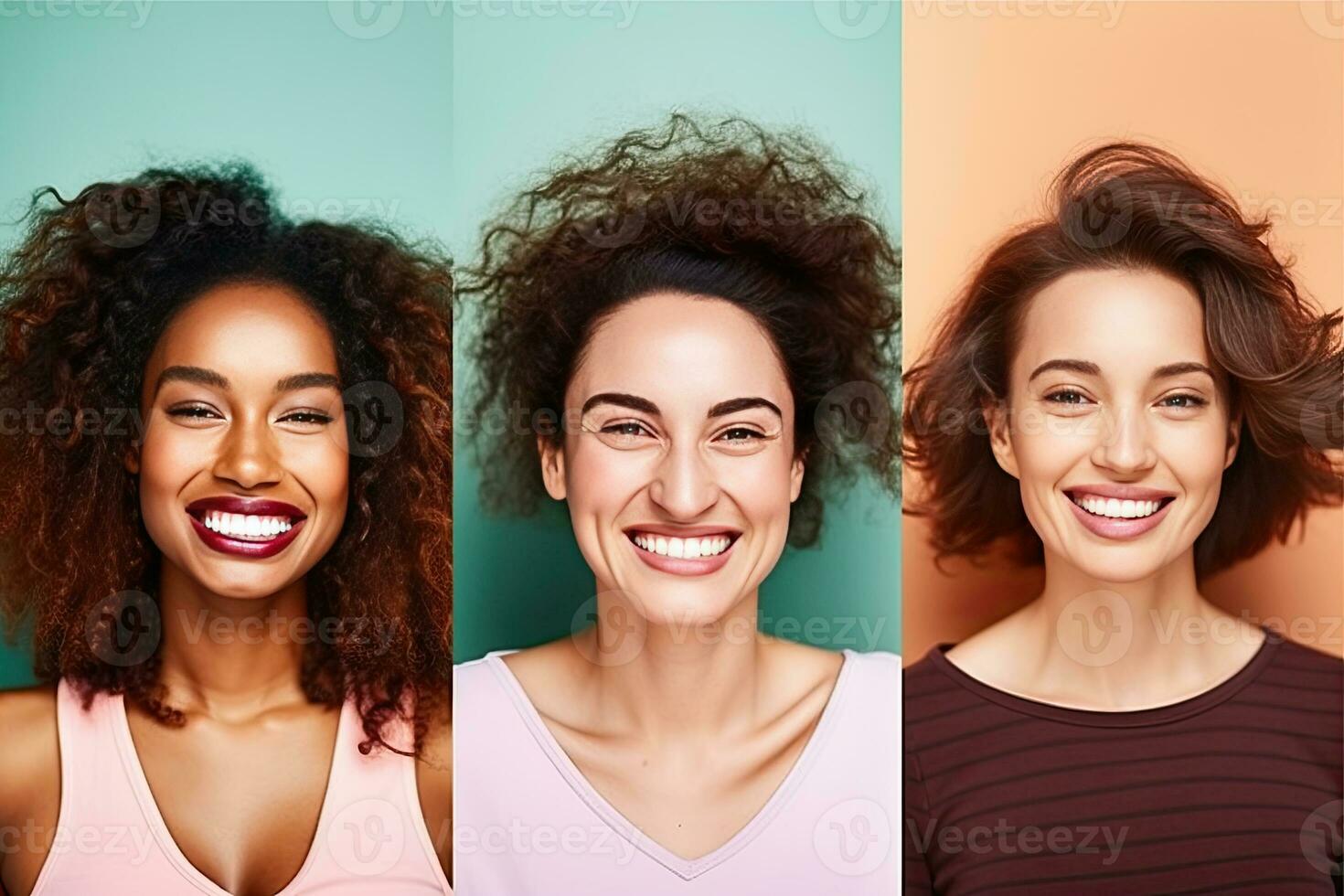 Diversity And Variety Concept. Creative composite collage series of optimistic multicultural women smiling on colorful studio backgrounds. Headshot portraits of multiracial ladies. Generative Ai photo