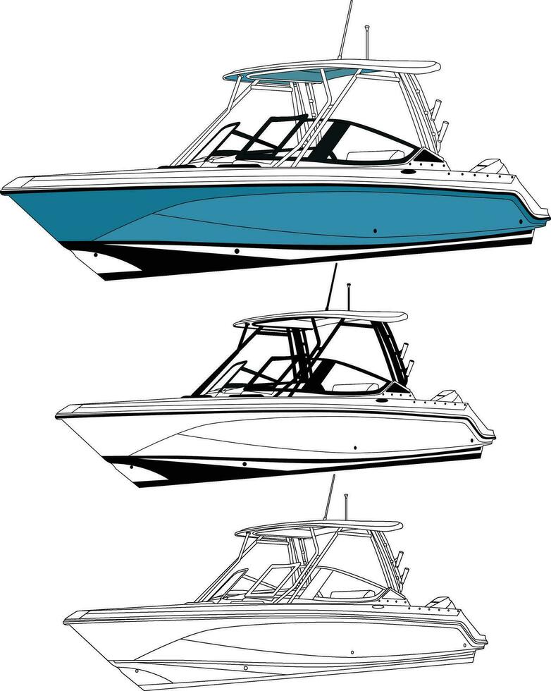 Boat vector, motorboat vector line art illustration