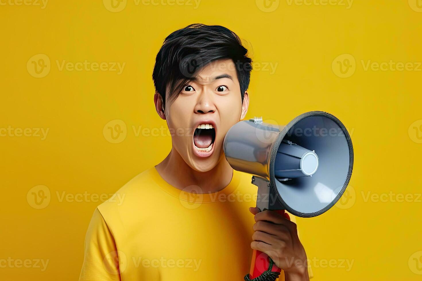 Wow face of Asian young man wears blue shirt hold scream in megaphone announces discounts sale Hurry up isolated on plain yellow background. Generative Ai photo