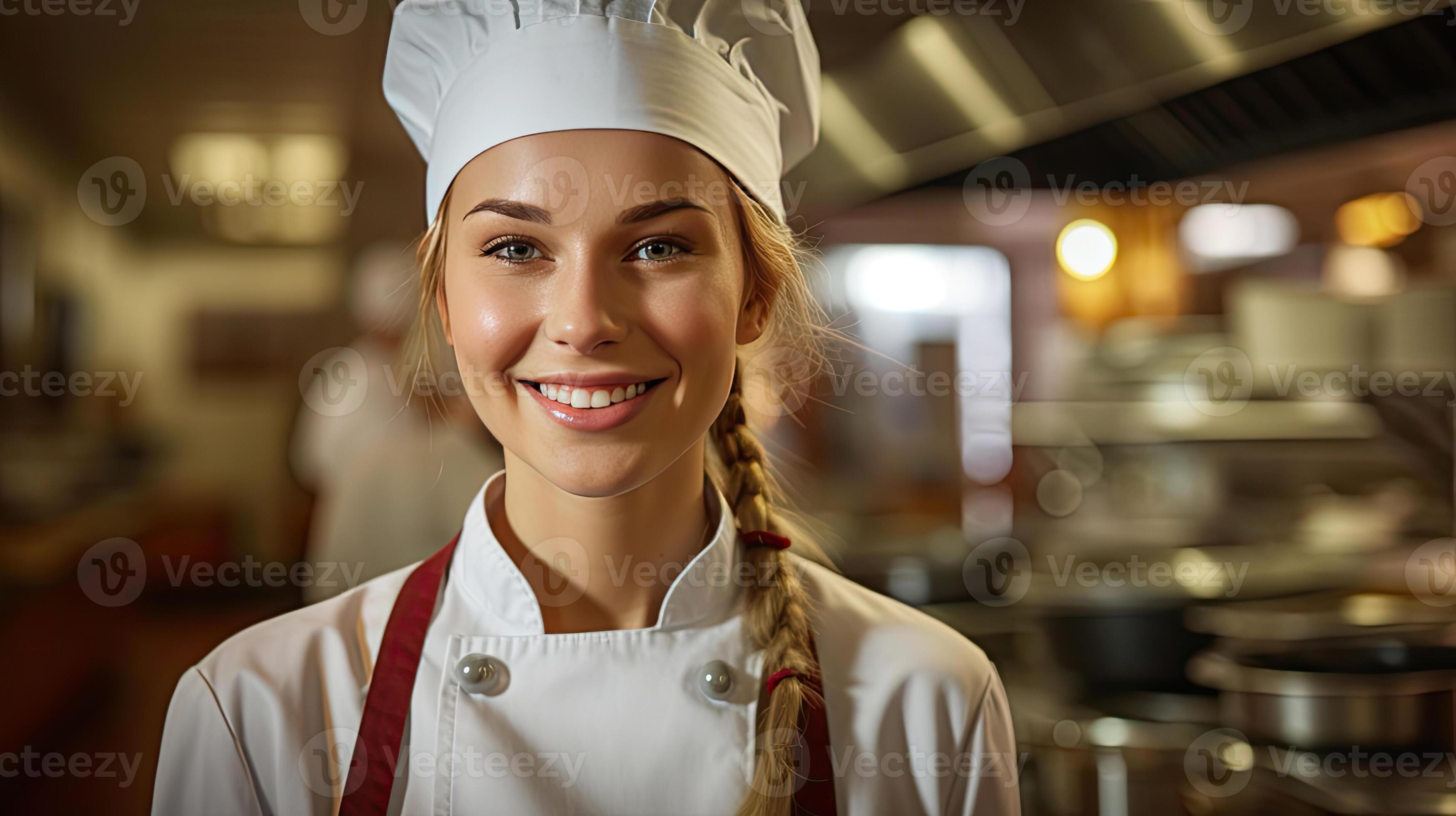 Portrait of A smiling female chef in the kitchen. Generative Ai