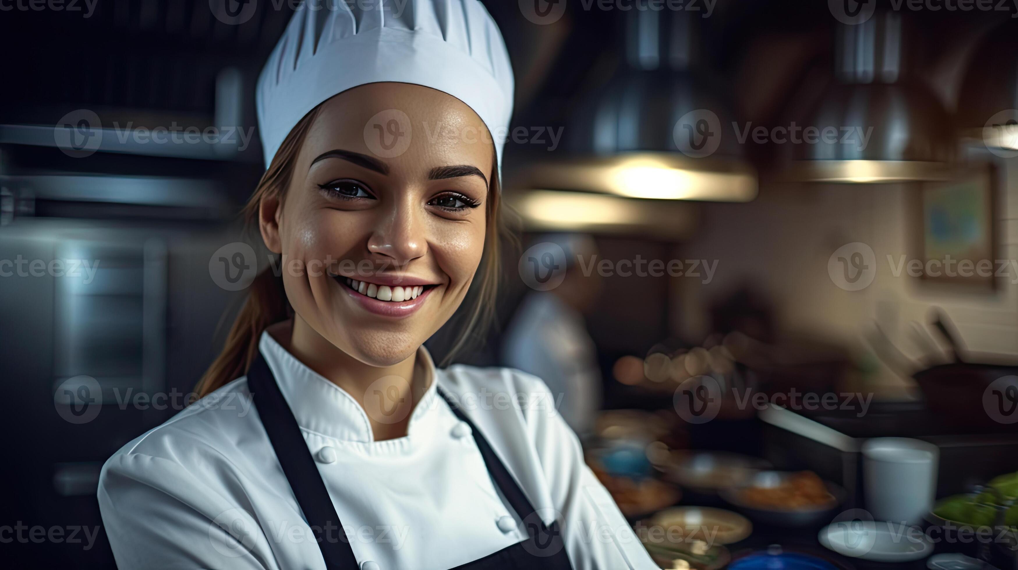 Portrait of A smiling female chef in the kitchen. Generative Ai